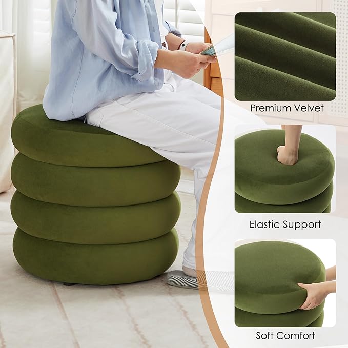 Compact Round Ottoman, Plush Velvet Upholstery Storage Ottoman, Modern Tufted Circle Design with Removable Lid for Lounge, Dorm and Entryway,Olive Green