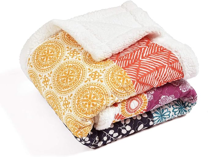 Lush Decor Bohemian Stripe Sherpa Throw Blanket, 50" W x 60" L, Fuchsia & Orange - Bold Colorful Boho Stripe Design - Quilted Print - Soft Sherpa Blanket For Bed, Couch, Or Chair