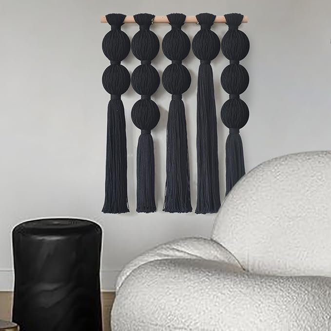 Jakalin Macrame Wall Hanging Black Boho Wall Art Tassel Wall Decor Modern Fiber Wall Art for Living Room Bedroom Office