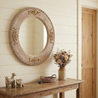 sawsile Round Wood Mirror,24 inch Circle Rustic Farmhouse Natural Wooden Frame Boho Beads Wall Mirror for Bathroom,Living Room,Bedroom or Entryway