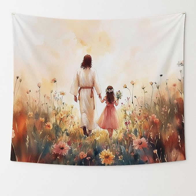 bitCNY Jesus and Girl Tapestry 60x50 Inches – Christian Tapestry for Kids Room, Gentle Faith Wall Hanging, Religious Art for Family Spaces
