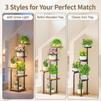 LASZOLA Black 5 Tiered Tall Wood and Metal Plant Stand Indoor with with Grow Lights, Large Heavy Duty Multi Level Vertical Planter Rack for Corner, Sturdy Rustic Tall Flower Shelving Holder for House