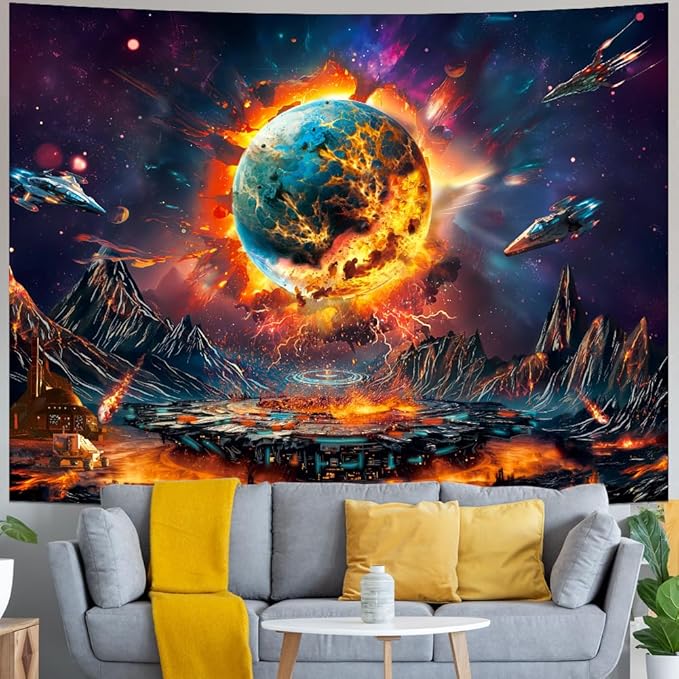Generleo Planet Galaxy Space Tapestry Psychedelic Universe Nebula Tapestries Mysterious Mountain UFO Wall Decor Starry Sky Tapestry Wall Hanging for Bedroom