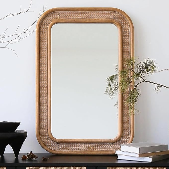 Micasso Handmade Rattan Mirror for Wall: 24"x36" Solid Wood Frame Bamboo Mirror - Distressed Finish Suit for Natural Style - Rustic Shabby Chic Wicker Mirrors for Farmhouse/Entryway for Nature Lovers