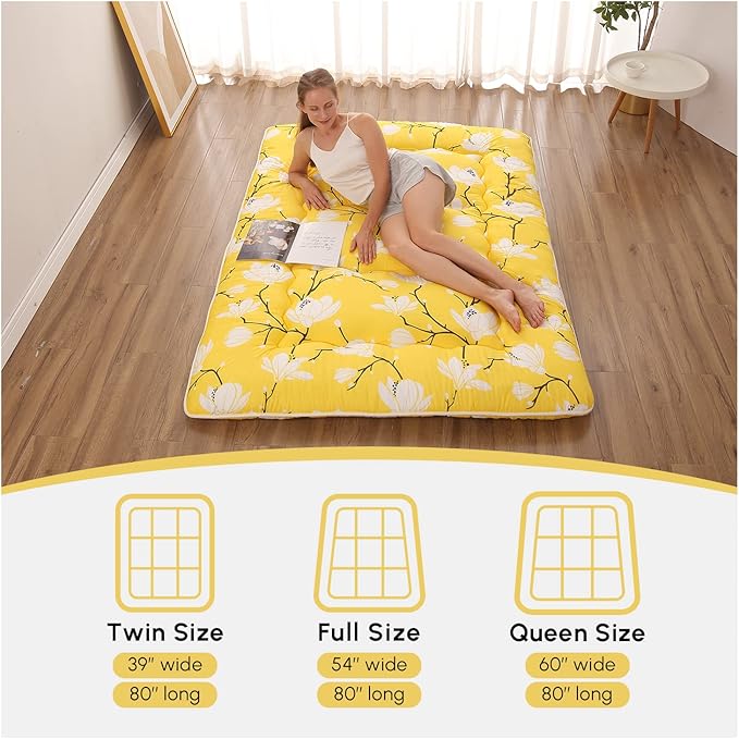 Japanese Floor Mattress, Futon Mattress with Portable Storage Bag and Washable Cover, Roll Up Thick Tatami Mat Suitable for Camping, Guest Room, Yellow Flower, Twin