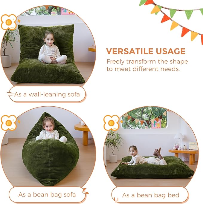 MAXYOYO 3 in 1 Kids Bean Bag Chair Bed, Child Floor Sofa for Gaming, Reading, Faux Fur Floor Mattress with High-Density Foam Filling for Living Room Bedroom