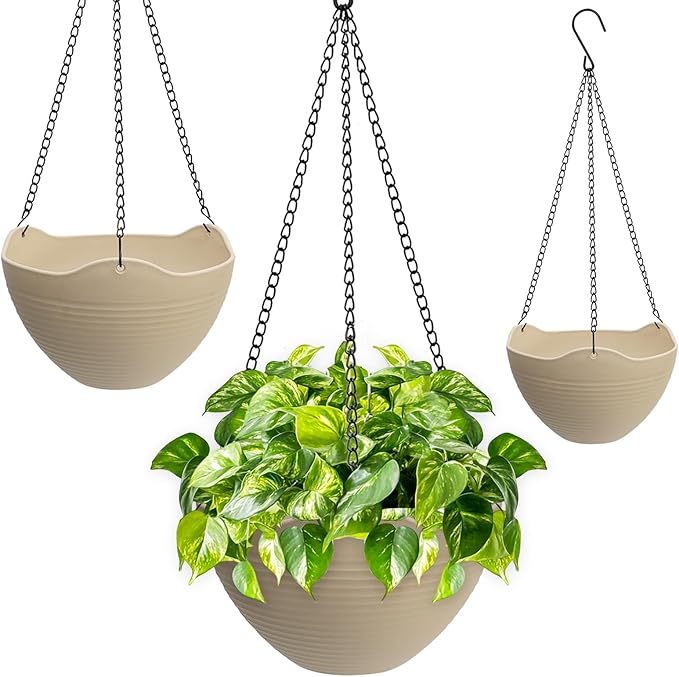 Hanging Planters for Indoor Plants 3 Pack - 7/8/10 Inch Plastic Hanging Pots with Water Sieve Mesh, Small Hanging Pots for Home Garden, Porch, Balcony & Patio Decor, Beige