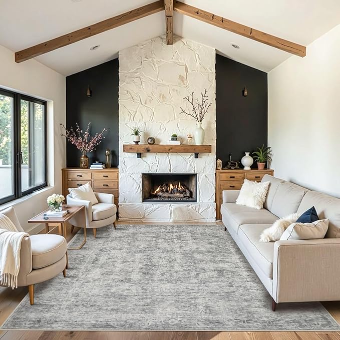 8x10 Area Rugs for Living Room, Large Washable Rug, Grey Vintage Abstract Boho Rug, Non Slip & Low Pile Faux Wool Carpet for Indoor Dining Room, Farmhouse and Bedroom(Grey 8x10ft)