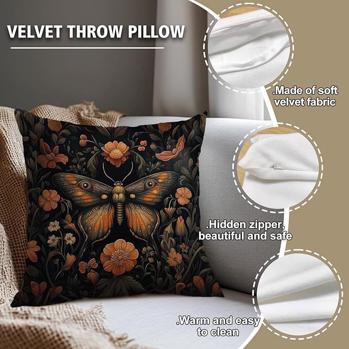 William Morris Abstract Vintage Floral Velvet Butterfly Design Throw Pillow Covers Home Decor, Retro Art Decor Pillowcase Cushion Cover for Bed Sofa Living Room, Square 18x18inch (Orange-Butterfly)
