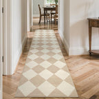Beeiva Checkered Print Long Hallway Runner Rug Non Slip, Beige Ultra Thin 2.5x10 Washable Runner Rug, Moroccan Trellis Home Decor Faux Wool Neutral Carpet for Bathroom Kitchen Hallways, 10ft
