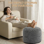 Round Stuffed Pouf Ottoman Foot Rest for Couch Round Ottoman with Foam Chunk Filling Stripe Faux Fur Ottomans for Living Room Floor (26"x18",Dark Grey)