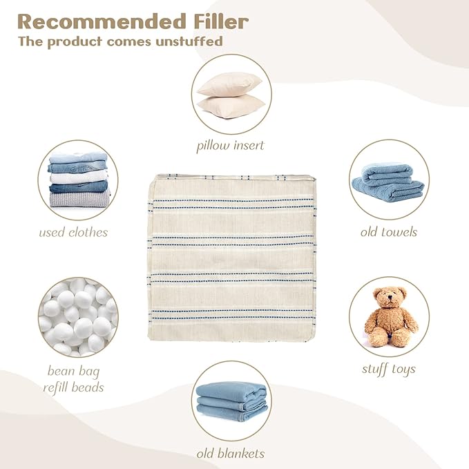 AELS Unstuffed Farmhouse Pouf Cover for Living Room, Boho Storage Bean Bag Cubes, Beige with Navy Blue Stitch Yarn Dyed Stripe Square Ottoman Pouf Foot Rest Footstool, 18"x18"x18", Cover ONLY