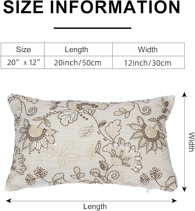 Floral Embroidered Lumbar Throw Pillow Cover 12x 20, Sequin Chinoiserie Flower Neutral Linen Pillow Cushion Cases, Farmhouse Decorative Pillows for Bed, Outdoor Couch White