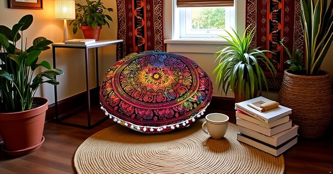 Round Mandala Floor Pillow Cover Seating Cushion Throw Cover Hippie Decorative Bohemian Ottoman Pouf Cover, Pom Pom Pillow Cases,Boho Indian 22 Inches (Multi Elephant Flower)
