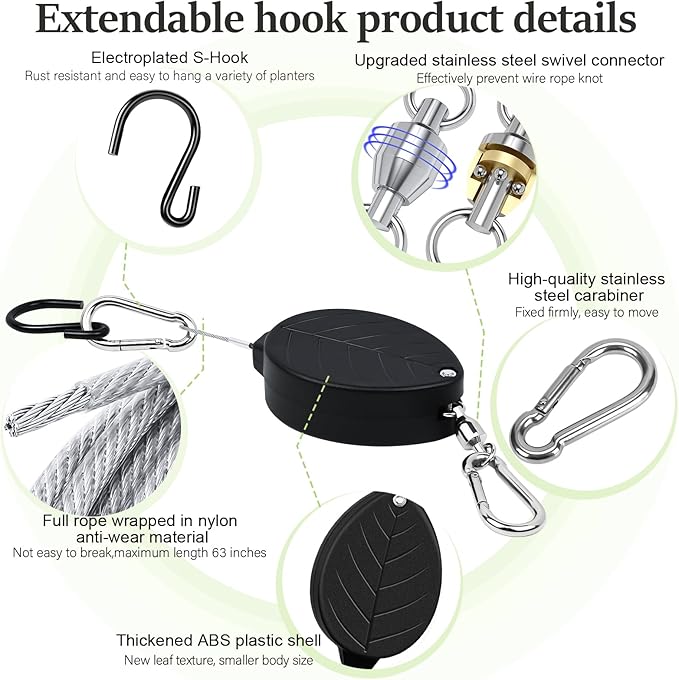 2026Upgraded 3Pcs Heavy Duty Retractable Plant Hanger, 44lbs Load, Auto Lock, Adjustable Hook for Hanging Plants, Bird Feeders, Wind Chimes, Garden Pots,Rust-Proof Stainless Steel,Black