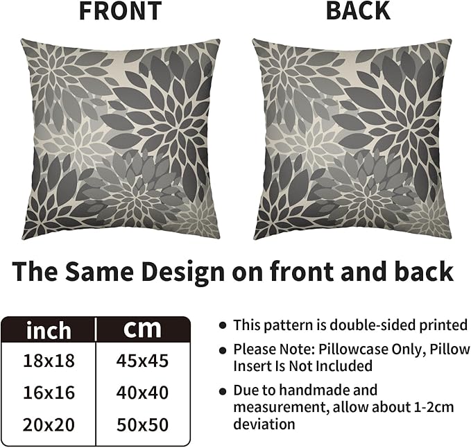 Grey Gray Pillow Covers 18X18 Inch Set of 2, Dahlia Flower Spring Summer Floral Cream Decorative Throw Pillow Covers Outdoor Modern Farmhouse Cushion Case for Home Couch Sofa Bed Decor