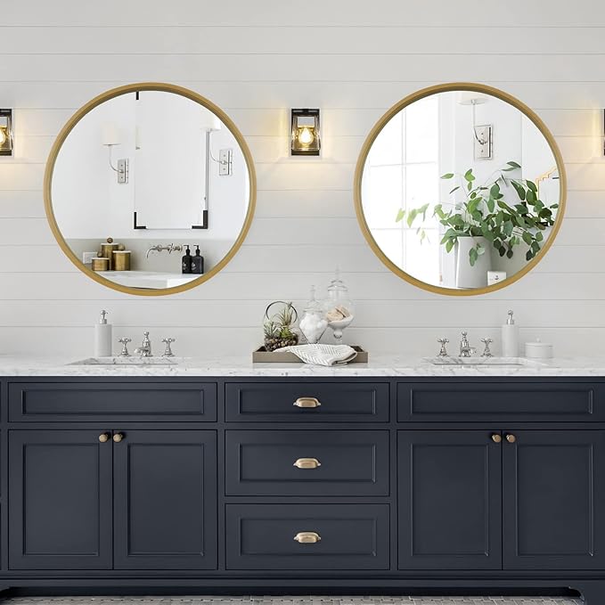 WallBeyond Round Mirror with Wood Frame, 28" Circle Modern Decoration Large Home Decor Mirror for Bathroom Living Room Bedroom Entryway (28" Diameter, Natural Wood)
