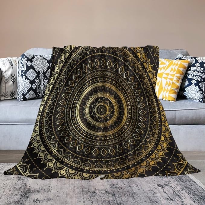 Black Gold Mandala Throw Blanket Boho Indian Hippie Vintage Abstract Bohemian Flower Blanket for Sofa Bed Couch Chair Or Dorm 70"x80"