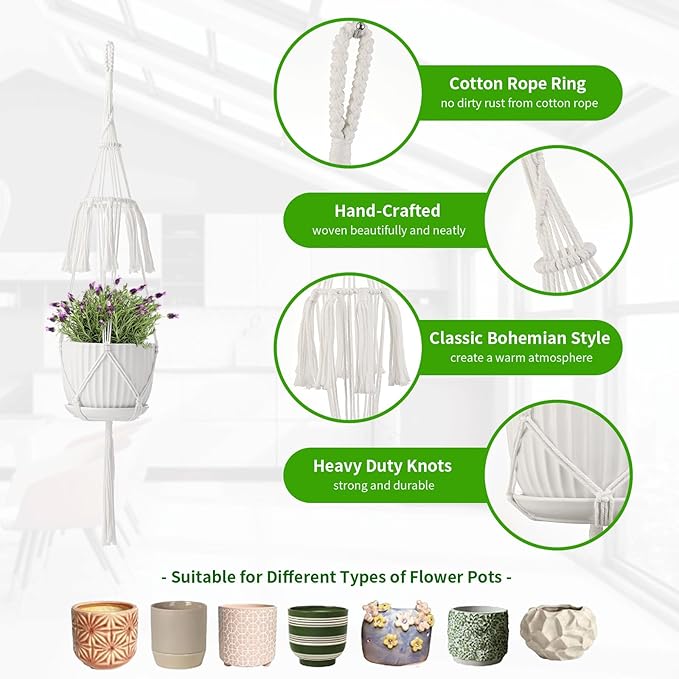 Macrame Plant Hangers 5Pack, Handmade Cotton Rope Hanging Planters for Indoor Plants w/ 5 Set Hooks Hanging Plant Holders Plant Hanger Indoor for Boho Home Decor (White, Planter Pot Not Included)