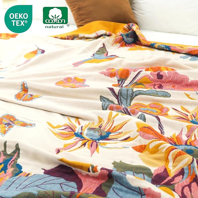Boho Throw Blanket 60" x 80", 100% Organic Cotton Skin-Friendly Lightweight Ultra Soft Bed Quilt Throw - Spring Floral Butterfly Farmhouse Decor Blanket for Sofa Couch Chair and Gift.