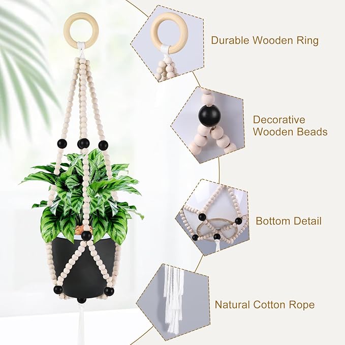 Hotfiary Plant Hanger Indoor Hanging Plant Holder Hang Planter Basket Wood Bead Decorative Flower Pot Holders Boho Farmhouse Rustic Decor Indoor Outdoor (Pot Not Included)