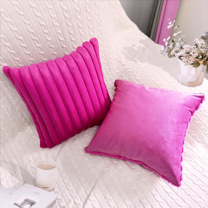 2 Pack 18x18 Pillow Cover Velvet Pillow Covers, Faux Fur Square Throw Pillow Covers for Living Room Decorations Throw Pillow Case, Throw Pillow Cover Cushion Cover for Sofa Bedroom Car, Hot Pink