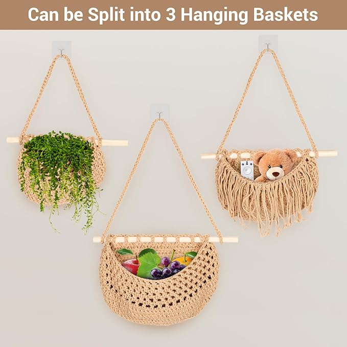 Hanging Fruit Baskets for Kitchen,3 Tier Handmade Woven Cotton Rope Wall Basket for Organizing & Decorating,Boho Room Decor,Storage for Home,Living&Bathroom Bedroom Diningroom (Tan)