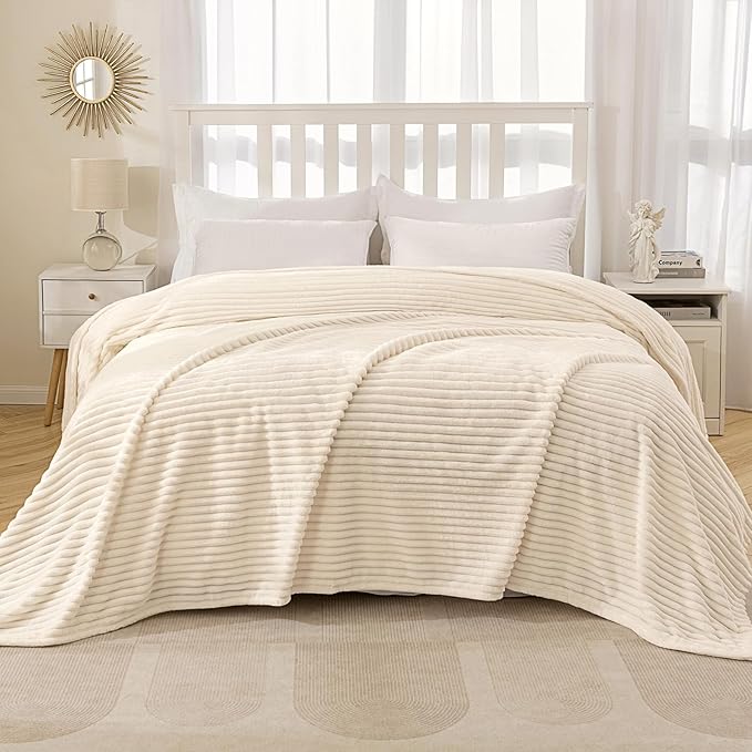 MIULEE Fleece Blanket Queen Size 90"x90" 300GSM Super Soft Lightweight Plush Striped Blanket, Cream White Warm Cozy Breathable Ribbed Full Size Throw for Bed/Sofa/Couch