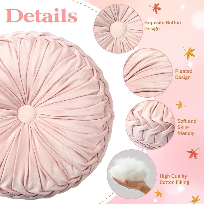 4 Pcs Round Throw Pillows 15 Inch Decorative Velvet Pleated Pumpkin Pillows Boho Floor Pillow with Center Button for Living Room Couch Chair Bed Sofa Home Decoration (Light Pink)