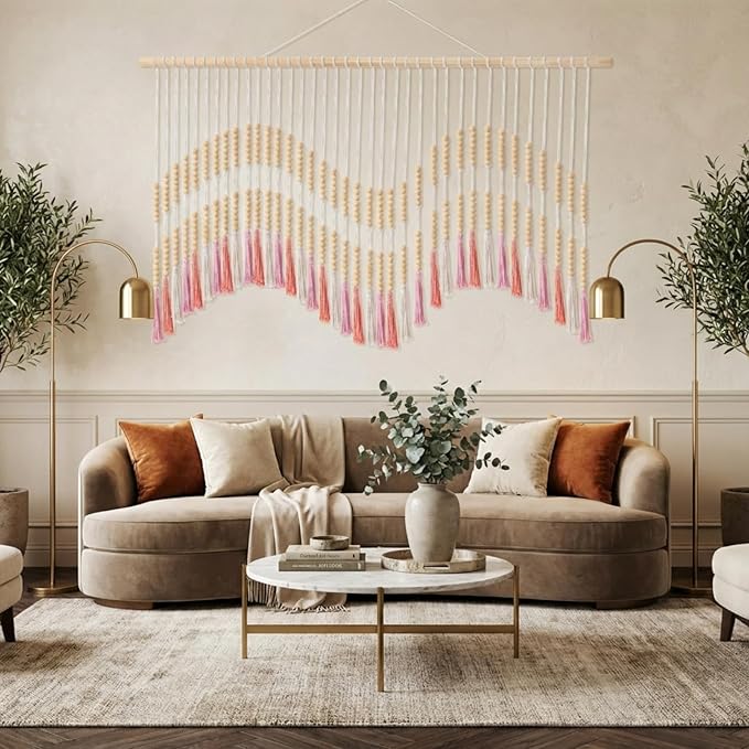 Tiamon Boho Wall Decor - 59'' W x 42'' L Macrame Wall Hanging Beaded Large Tapestry Art for Home Bathroom Farmhouse Bedroom Living Room Office Natural Modern Rustic Decoration