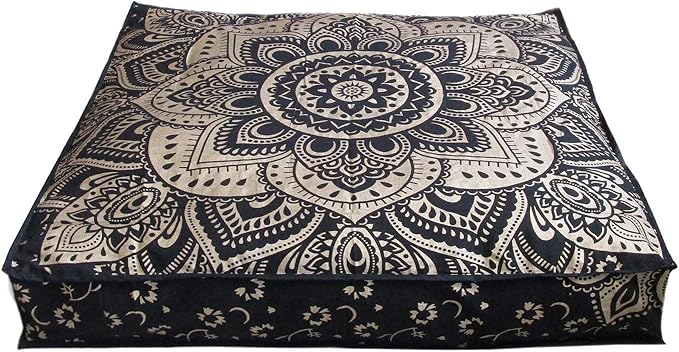 24" Black Gold Flower Mandala Barmeri Large Floor Pillow Cover Cushion Meditation Seating Ottoman Throw Cover Hippie Decorative Zipped Bohemian Pouf Ottoman Pom Pom Cases 24 " square