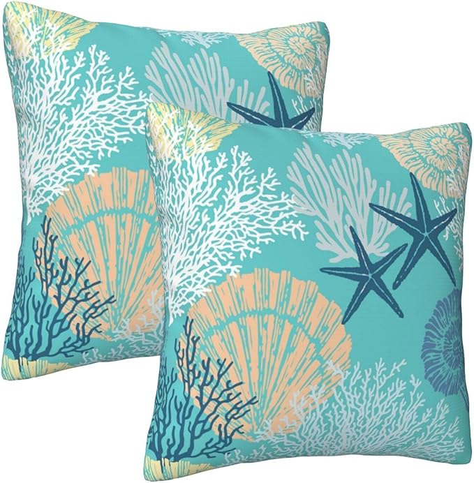 Coastal Beach Pillow Covers 18x18 Set of 2, Starfish Coral Seahorse Throw Pillow Covers Outdoor Decorative Pillow Case for Couch Bed Sofa Cushion Home Decor