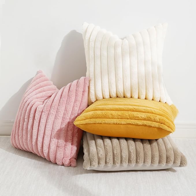 decorUhome Summer Cozy Faux Fur Throw Pillow Covers 26x26 Set of 2 Decorative Plush Striped Modern Farmhouse Boho Couch Euro Sham Pillow Cases with Velvet Back for Sofa Bed Living Room, Mustard Yellow