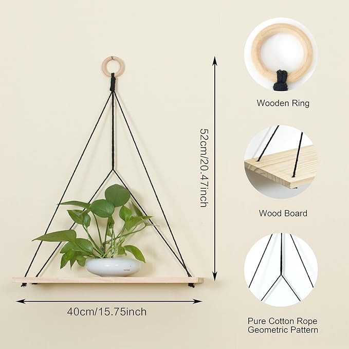 HVEST Macrame Wall Hanging Shelf Set of 2, Black Geometric Macrame Wall Art Wooden Floating Hanging Shelf Black Woven Decor Plant Hanger Handmade Woven Tapestry for Bedroom Living Room Home Decor