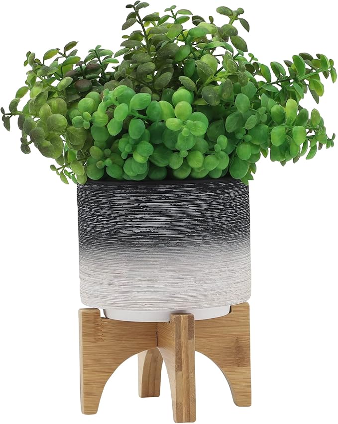 Modern Ceramic Planter with Wooden Stand – Stoneware Plant Pot Holder, Stylish Indoor & Outdoor Home Decor for Living Room, Bedroom, Office, or Garden, Plant Stand Indoor – 6", Gray & White