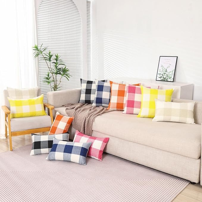 CARRIE HOME Navy Blue Buffalo Plaid Lumbar Pillow Covers 12x20 Set of 2 Blue Checkered Pillow Covers 12 x 20 Outdoor Farmhouse Lumbar Pillow Covers for Front Porch and Patio Furniture