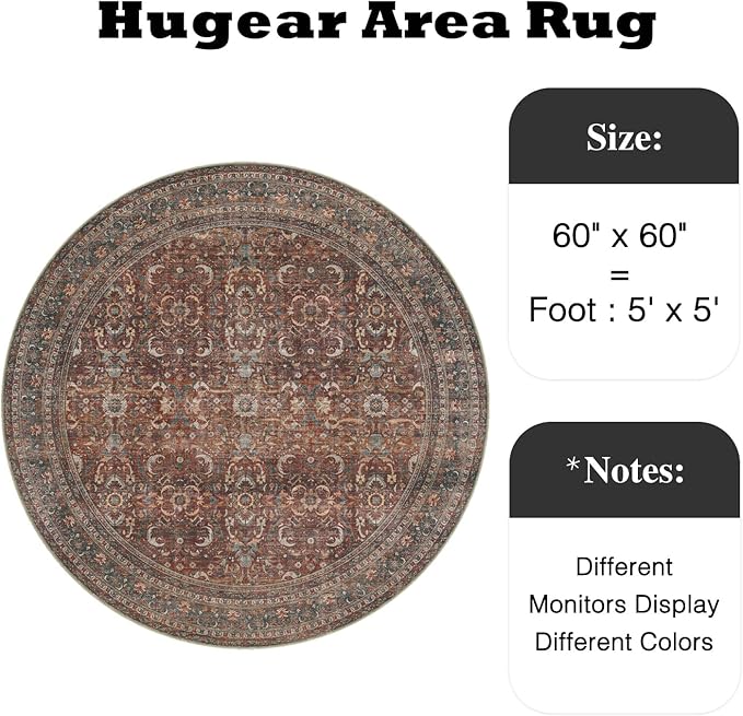 HUGEAR 5ft Round Rug Entryway Rugs Machine Washable Brick Red Hallway Area Rug 5x5 Small Circle Floral Low Pile Carpet Vacuumable Throw Rug Living Room Laundry Entrance Non Slip Soft Lightweight