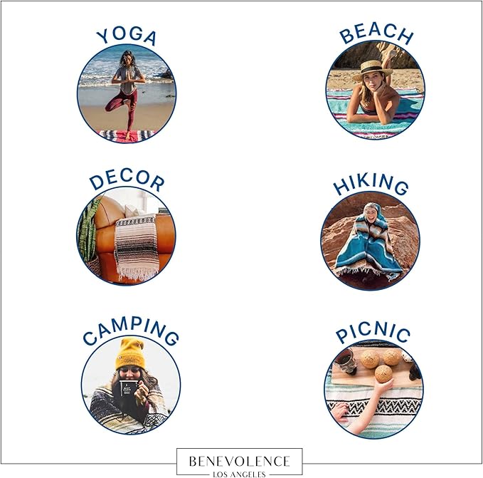 Benevolence LA Authentic Handwoven Mexican Blanket | Yoga Blankets, Outdoor, Picnic, Beach, Camping | Equestrian Saddle | Serape 50x70 inches - Sunshine, Pack of 1