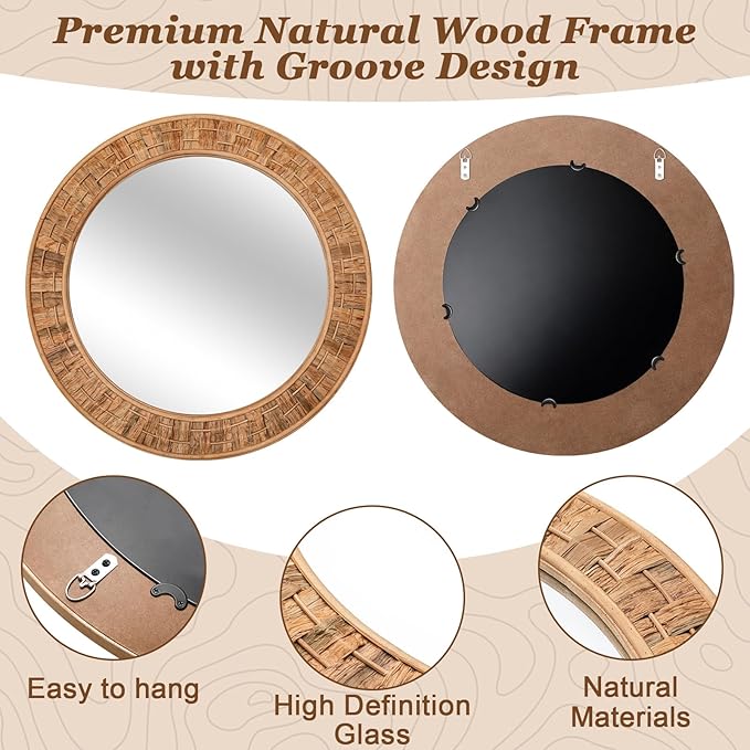 24 Inch Round Rattan Wicker Mirror, Rustic Boho & Farmhouse Style Handmade Woven Frame, Decorative Wall Mirror for Bathroom, Living Room, Bedroom, Entryway, Nursery Decor