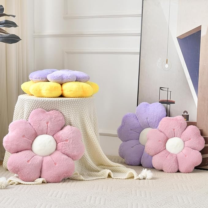 Flower Pillow, Flower Shaped Pillow Decorative Throw Pillows for Bed Couch, Cute Daisy Pillow Dorm Decor Floor Seating Cushion (Grey Pink, 15 Inches)