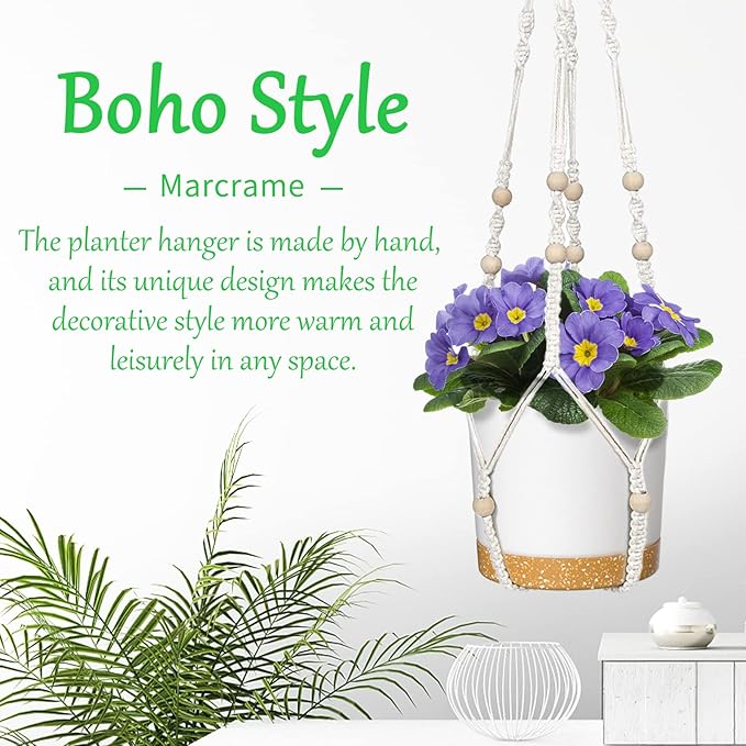 ZMTECH Macrame Plant Hanger for Indoor Plants - 2 Pack 35 Inch Boho Hanging Plant Hanger with Natural Wood Beads, Ivory Home Decor