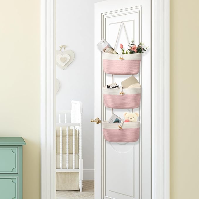 TeoKJ Over The Door Hanging Baskets with Button Strap, 3-Tier Woven Cotton Storage Organizer Bag, Wall-Mounted with Hook Decorative Hanging Nursery Baskets - Pink+White