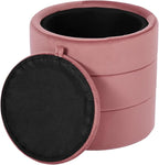Spatial Order Storage Round Ottoman with Removable Lid (with Hidden Storage) | Spatial Order Home Décor | Upholstered Round Velvet Ottoman – Blush Pink Velvet