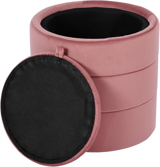 Spatial Order Storage Round Ottoman with Removable Lid (with Hidden Storage) | Spatial Order Home Décor | Upholstered Round Velvet Ottoman – Blush Pink Velvet