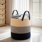 ShellKingdom Laundry Basket, Large Natural Rope Woven Storage Basket with Handles for Home, Living Room, Laundry, Storage Organizer for Blankets, Clothes, Toys, 19.7 x 14.9 INCH (3-Toned Khaki Black)