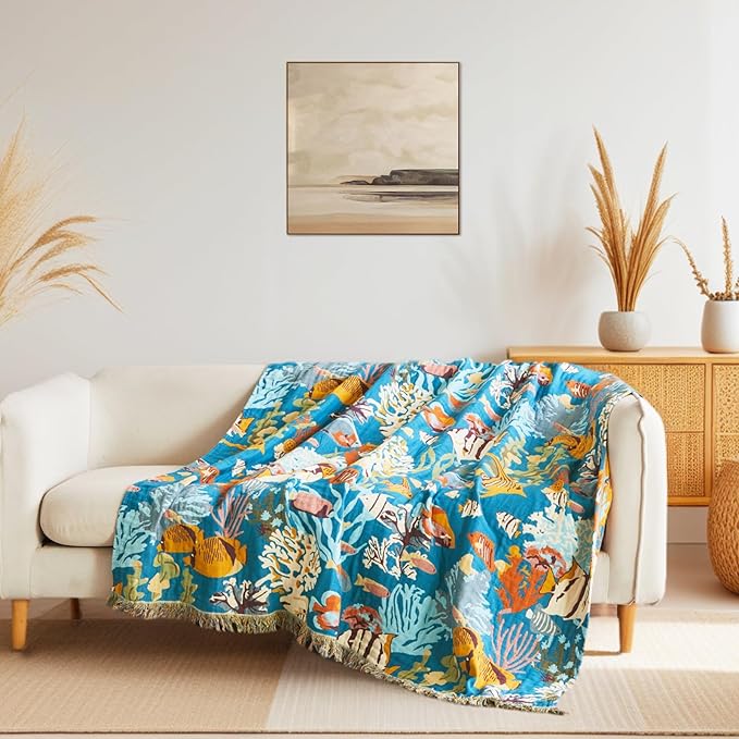 Throw Blanket for Bed 100% Cotton Blankets for Bedroom Living Room Spring Twin All Season Underwater Ocean Life Embroidery Reversible Breathable Quilt for Couch Sofa Coastal Home Decor 60"x80"