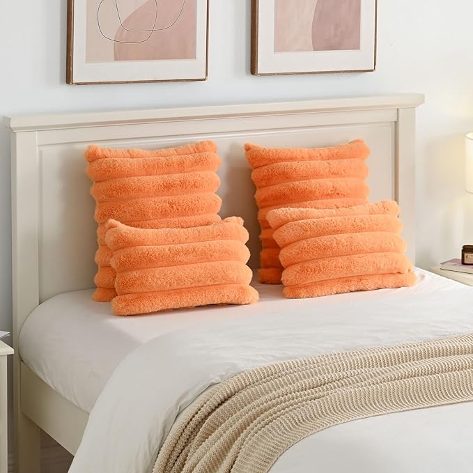 FUTEI Orange Decorative Throw Pillow Covers 12x20 Inch Set of 2, Square Soft Faux Rabbit Fur Thick Striped Lumbar Pillow Case,Spring Home Decor for Couch Bed Living Room