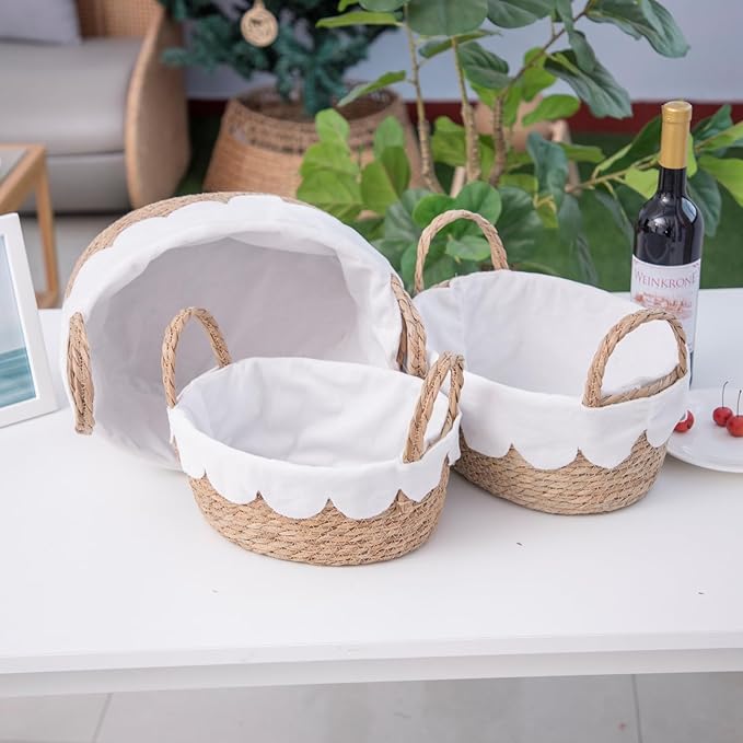 Handmade Seagrass Wicker Storage Basket with Handles & Removable Liner,Eco-Friendly Oval Woven Shelf Basket Organizer for Home Decor,Set of 3