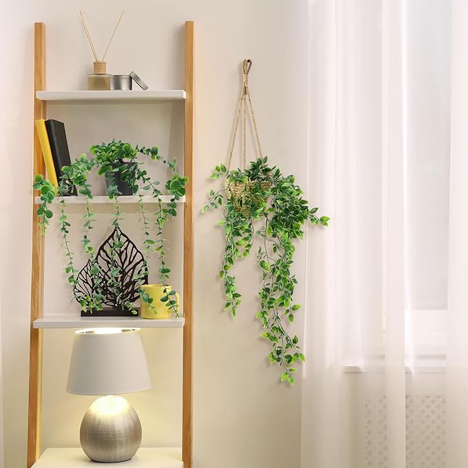 6 Set Mini Fake Hanging Plants with Woven Basket Boho Artificial Ivy Faux Vines Eucalyptus Leaf for Indoor Home Wall Living Room Bathroom Shelf Decor (Mandragora Leaf)