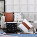 Tosewever Boho Geometric Throw Pillow Covers 18 x 18 Set of 4, Modern Stripe Farmhouse Decorative Faux Leather Cotton Pillowcase for Bedroom Living Room Couch Bed Sofa Home (Black/White, 18" x 18")